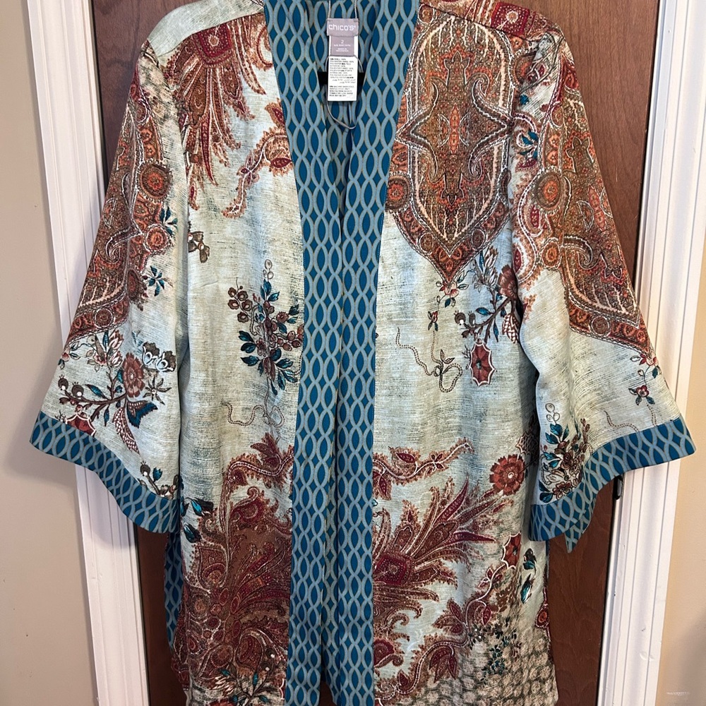 Teal and Gold Patterned Reversible Kimono
